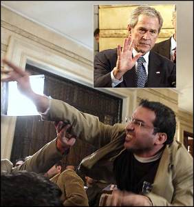 Just shoe do you think you are ... George W. Bush, inset, reacts after a journalist threw his shoes at him.